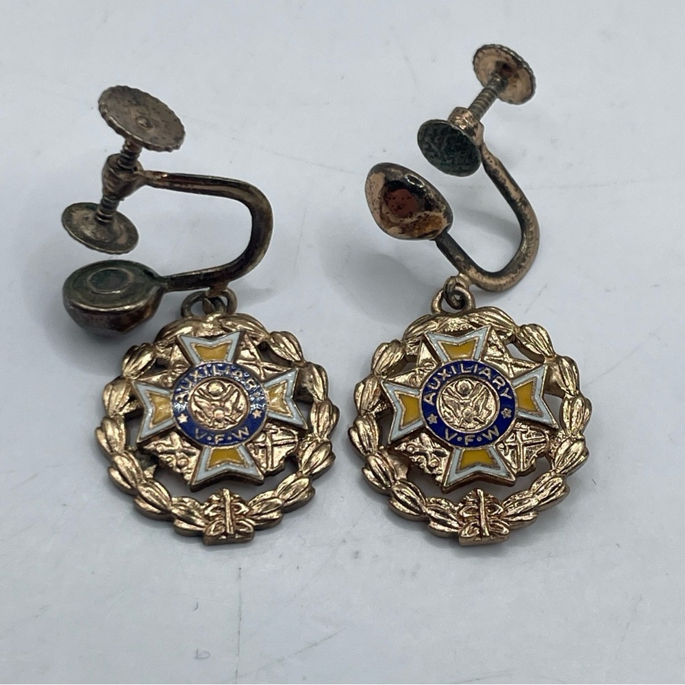 Vintage VFW AUXILIARY Screw Back Earrings Brass Tone Dangle Drop Style Half Inch